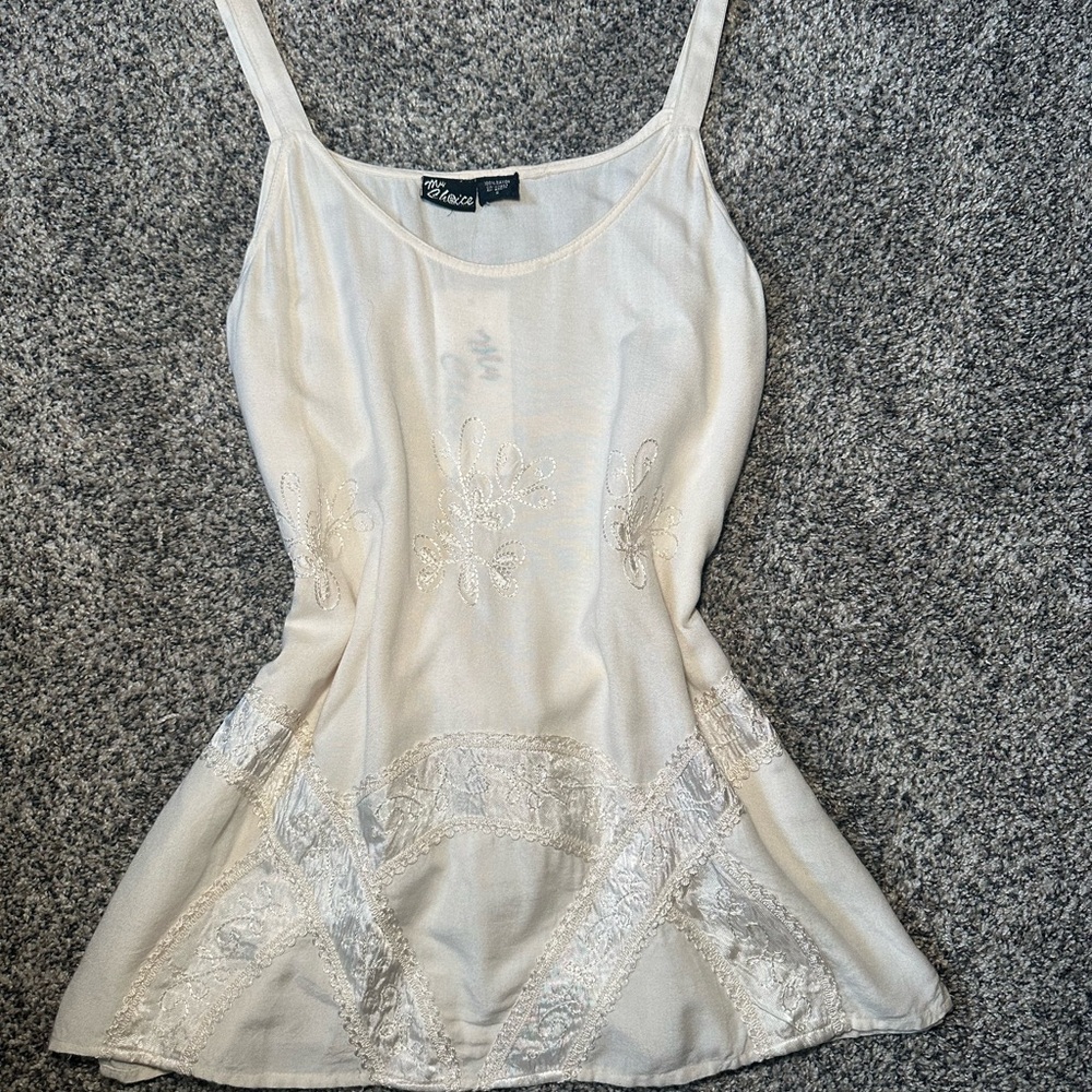 Vintage Y2K Cream Embroidered Sleeveless Top – My Choice (Size S)
